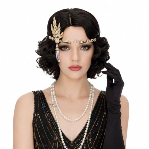 Wiggy Mermaid Black Finger Wave Wig 1920s Flapper Wigs with Headband Necklace Gloves Accessories for Roaring 20s 30s Costume Party