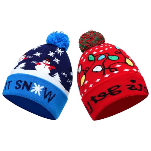 2THESTARS Christmas Hat 2 Pack Light Up Knitted Beanie Hat Xmas Santa Holiday Cap LED Lights