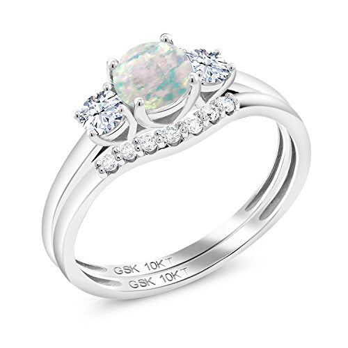 Gem Stone King 10K White Gold Simulated Opal White Created Sapphire and Lab Grown Diamond 3-Stone Bridal Wedding Ring Set (0.83 Cttw, Available in size 5, 6, 7, 8, 9)
