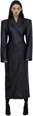 Adhdyuud Women Long Black Fitted Soft Pu Leather Trench Coat Autumn Double Breasted Shoulder Pads Jacket Black L