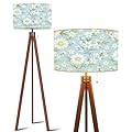 QFHOMTEOL Wood Tripod Floor Lamp Seamless Daisies Wildflowers Watercolor Style Modern Standing Lamp Linen Lampshade Dimmable Tall Lamp Mid Century Floor Lamp for Living Room Bedroom