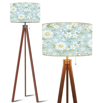 QFHOMTEOL Wood Tripod Floor Lamp Seamless Daisies Wildflowers Watercolor Style Modern Standing Lamp Linen Lampshade Dimmable Tall Lamp Mid Century Floor Lamp for Living Room Bedroom
