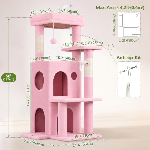 Image of Globlazer Cat Tree Tower for Indoor Cats, 50-inch Adult Cat Tree House for Large Adult Cats with Steps, Scratching Post, 2 Cat Caves, Dangling Toys, FC50, Pink
