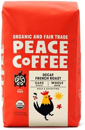 Peace Coffee Decaf French Roast | 20 oz Whole Bean Dark Roast | Organic Fair Trade Coffee | Rich, Bold flavor | Mountain Water Process Style | Peru | Shade Grown, Fresh Roasted