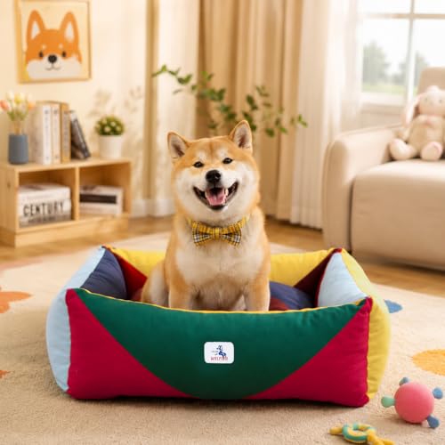 Image of Cotton Canvas Dog Bed, Cute Dog Bed Medium Size Dog, Puppy Bed with Washable Removable Cover, Durable 290 GSM Cotton Anti-Chewing Pet Bed with Anti-Slip Bottom (30 inchx25 inchx10 inch, Red&Yellow&Green)