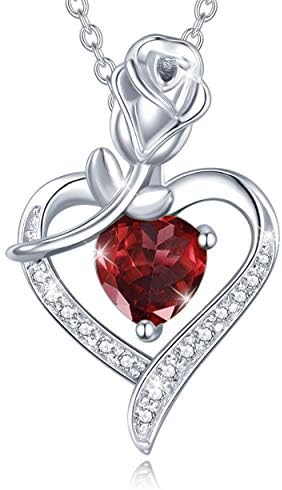 FANCIME 925 Sterling Silver Heart Necklace with Rose Birthstone Pendant with Genuine/Created Gemstones Valentine's Day Birthday Present Jewellery Gifts for Women Girls Her - Adjustable Chain:16+2 Inch