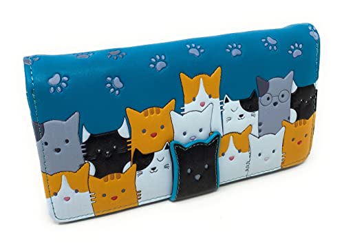 Shag Wear Kitty Cat Crowd Large Animal Wallet for Women and Teen Girls Vegan Faux Leather Teal 7
