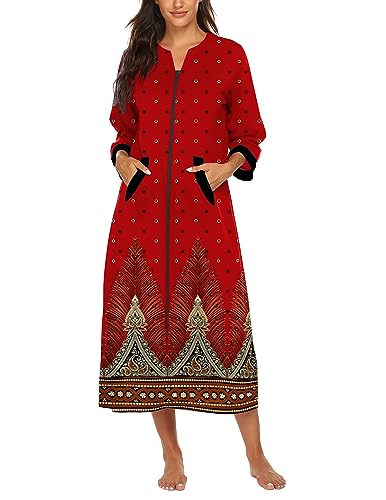 Image of Ekouaer Women Zipper Robe 3 /4 Sleeves Loungewear Dress Full Length Sleepwear Pockets Housecoat Nightgown Long Bathrobe