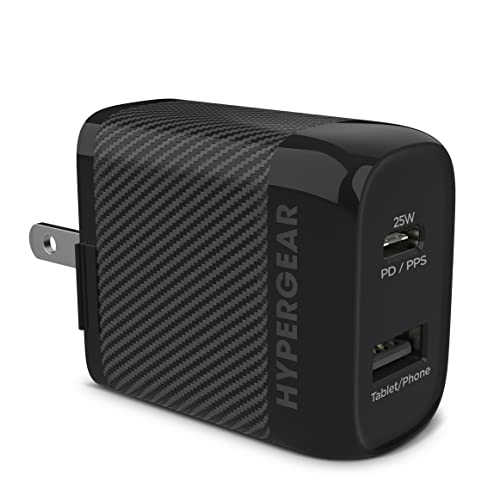 USB-C Wall Charger, HyperGear Super Fast Compact 2 Port Adapter 25W USB-C PD & 12W USB Compatible for MacBook, iPad Pro, iPhone, Galaxy & More [Black]