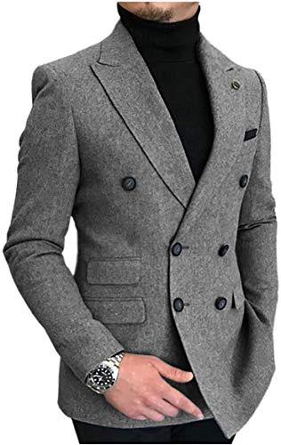 Mens Double Breasted Tweed Wool Jacket Blazer Formal Slim Fit Peak Lapel for Wedding Suits