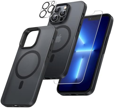 TAURI [5 in 1] Magnetic Case for iPhone 13 Pro Max [Compatible with MagSafe], 2 Tempered Screen Protector + 2 Camera Lens Protector, [Military Grade Protection] Translucent Matte Slim Cover 6.7 Inch