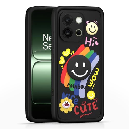 Image of Pikkme Back Cover for OnePlus 13S 5G | Soft Silicone| Cute Rainbow Smile & 3D Cartoon Flower Design | Shockproof Raised Camera Protection Bumper Case (Black)