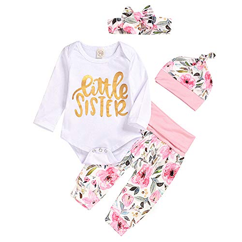 Newborn Baby Girl Clothes Outfits Infant Romper Ruffle Onsies Floral Pants 4Pcs Little Sister Clothing Set White