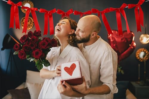 Image of Red Bow Garland Banner for Bachelorette Decorations, Coquette Birthday Wall Decor, Bow Party Decor Banner for Bridal Shower, Wedding Favors, Party Supplies, Engagement Supplies (Hot Red)