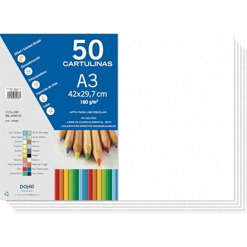Dohe - Cartulinas Blancas A3 (50 uds.) - Tamaño 42x29,7 cm, Grosor 180 g/m², Manualidades, Impresión y Material Escolar