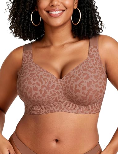 OEAK Womens Wireless Bras Supportive Seamless Full Coverage Bra Push Up Comfortable Bra No Underwire Everyday Tshirt Bras Brown Leopard XXL