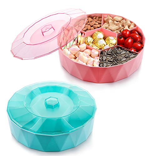 TOPZEA 2 Pack Candy and Nut Serving Container, Plastic Appetizer Tray with Lid Round Snack Divided Platter 7 Compartment Food Storage Organizer for fruit, Veggie, Candies, Nuts, Blue & Pink, 10 Inch
