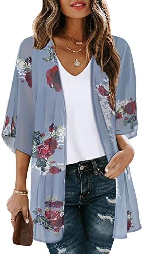 Women's Floral Print Short Sleeve Shawl Chiffon Kimono Cardigan Casual Blouse Tops(Purple Grey M)