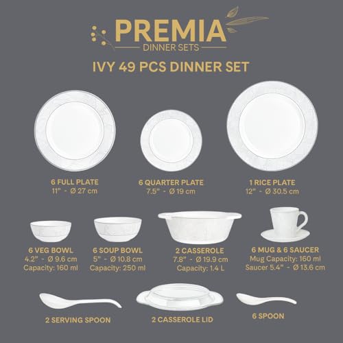 Image of Larah by Borosil 49pc Opalware Ivy Dinner Set for Family of 6 | Microwave & Dishwasher Safe Crockery Set for Dining & Gifting | Plates & Bowls