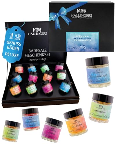Hallingers Genuss Manufaktur Badesalz Geschenkset – 12 Badezusätze mit Totes Meer Salz in edler Geschenkbox, Wellness & Spa für Frauen, feine Geschenkidee, auch für Adventskalender...