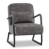 M MCombo Sessel mit Hocker für Wohnzimmer, Retro Vintage Relaxsessel mit Taillenkissen, Armlehnensessel Loungesessel Polstersessel aus Mikrofaserstoff, 4742 (Dunkelgrau, ohne Hocker)