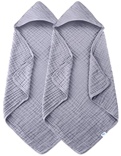 SWEET DOLPHIN Muslin Hooded Baby Bath Towels - 2 Pack 100% Cotton Towel for Babies, Infants, Toddlers - 32x32Inch - Highly Absorbent and Newborn Essential, Grey