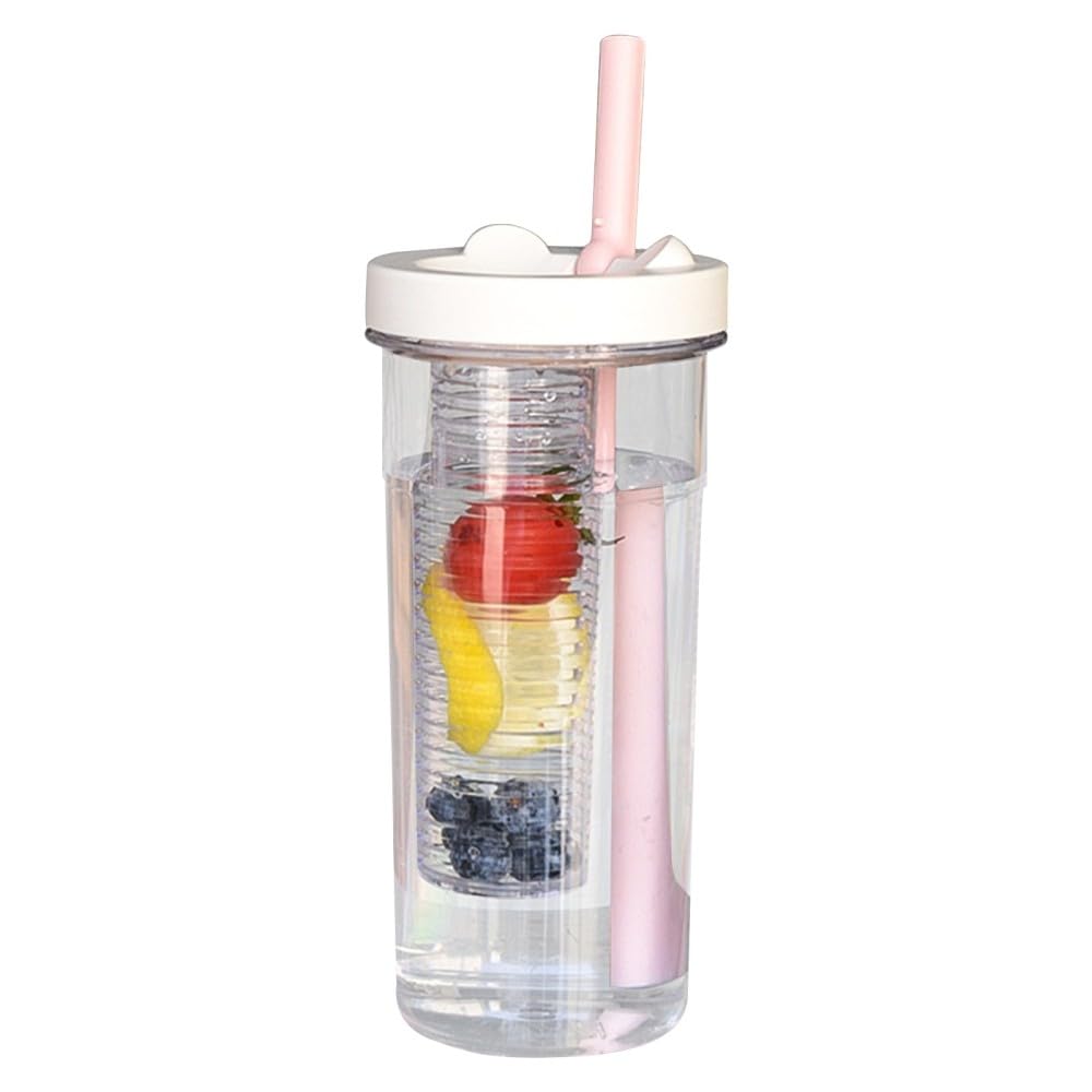 Wasserflasche mit Fruchteinsatz, faltbare Trinkflasche Strohhalm(White,600 ml)