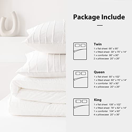 Warmdern White Twin Comforter Set Bedding Boho Comforter Sets Tufted Comforter Set Lightweight Striped Comforter All Season Down Alternative Comforter 5 Piece(Twin, White) #TOP4