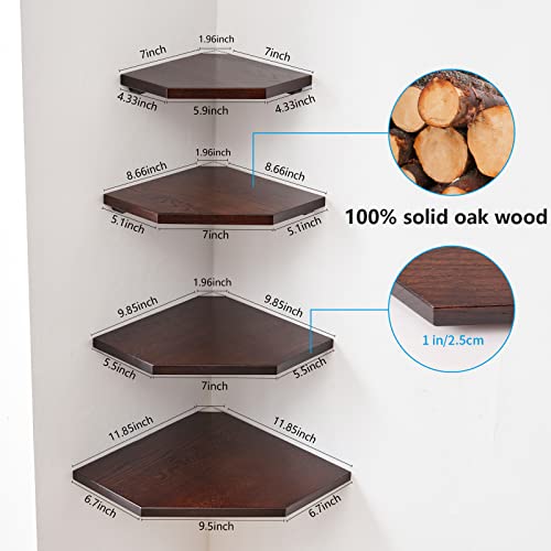 Corner Wall Shelf, Solid Oak Wood White Floating Corner Shelf Organizer With Wire Hole Small Plant Display For Kitchen Bedroom, Dark Walnut #TOP2