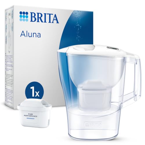 BRITA Caraffa filtrante Aluna bianca (2.4L) incl. 1 x filtro MAXTRA PRO All-in-1 che riduce cloro, calcare e PFAS - adatta alla porta del frigorifero, con Memo digitale, in confezione sostenibile