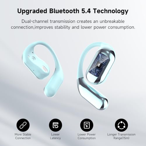 Image of Wireless Open Ear Bluetooth V5.4 Earbuds with Earhooks, HiFi Stereo ENC Earphones with Microphone, Ecouteur Sans Fil Bluetooth IP7 Waterproof, Fit for Sport, Workout and Business, Light Blue