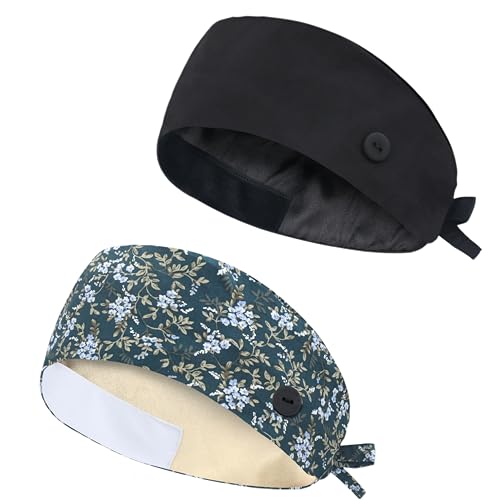 Image of Adjustable Scrub Cap with Button, Satin-Lined Cotton Scrub Hat Sweatband, Elastic Working Hat Unisex, One Size