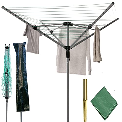 IFJA Rotary Aluminium Clothes Airer | Garments Horse with Parasol Cover and Rust Resistant Adjustable Freestanding Metal Line Spike | Silver Foldable Retractable 4 Arm 50 M Clothes Dryer for Outdoor