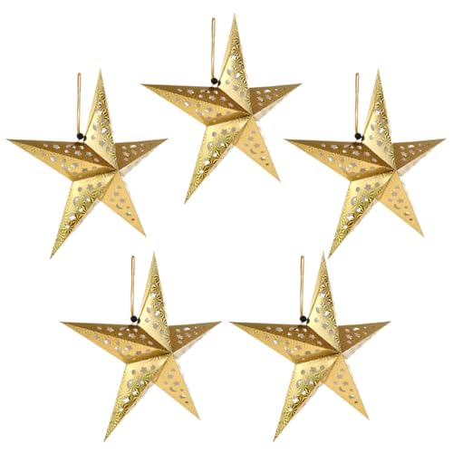 Mikikit 5Pcs Hanging Paper Star: Golden Hollow Out Paper Star Hanging Star Lampshade Decoration for Weddings Christmas Holiday Birthday Party Celebration