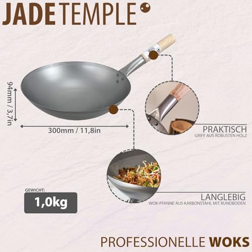 Foto von JADE TEMPLE Wok aus Carbonstahl mit 30 cm Durchmesser, mit rundem Holzgriff, Grau