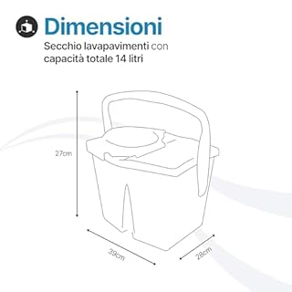Tomaino - Secchio Lavapavimenti Doppia Vasca in Plastica - Mocio Lavapavimenti 7 litri con Strizzatore - 2 Vasche per Acqua Pulita e Sporca - Secchio Mocio Professionale e Casalingo