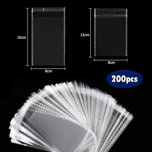 Bäcker & Lecker Cellophantüten transparente 8x12cm selbstklebend 200 Stück OPP Tütchen Selbstklebende Plastiktüten für Geschenk Keks Süßigkeiten Mitgebsel, Schmuck, Dekorationen, Anhänger