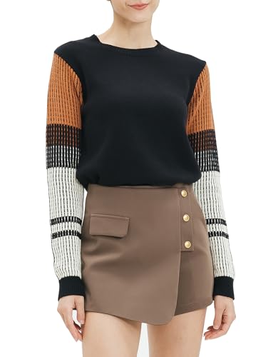 Cable Stitch Women's Contrast-Sleeve Cotton Sweater - Crewneck Long Sleeve Knitted Pullover Top (Small, Black)