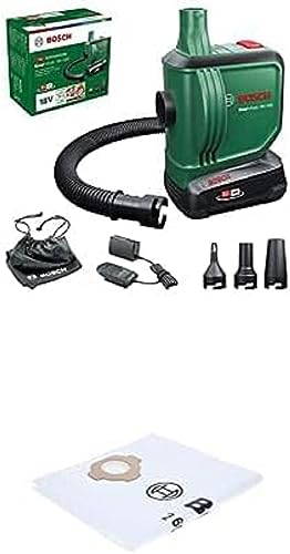 Bundle of Bosch elektrische Luftpumpe/Luftpumpe für Luftmatratze EasyInflate 18V-500 (1x 2,0 Ah Akku; 18 Volt System; zum Aufblasen und Entleeren; im Karton) + Bosch 4X Vlies Staubsaugerbeutel