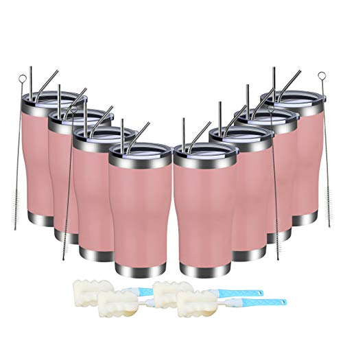 MEWAY 20oz Stainless Steel Tumblers 8 Pack Bulk,Vacuum Insulated Coffee Cup with Lid,Double Wall Powder Coated Travel Mug Gift,Thermal Cups Keep Drinks Cold & Hot(Pink,Set of 8)