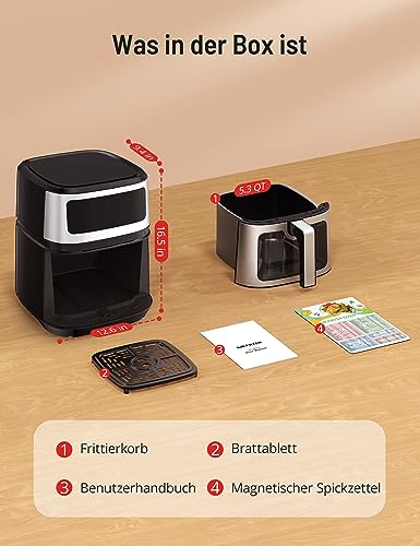 Foto von Symdral Heißluftfritteuse 5L, 8-in-1 Heissluftfriteuse mit Sichtfenster, LED-Touchscreen, Anpassbare Cooking-Programme, Antihaftbeschichteter, 360 ° gleichmäßige Luftzirkulation
