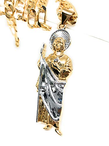 Gold Plated Saint Jude Pendant Necklace Figaro 26  San Judas Tadeo Medalla Cadena Oro Laminado