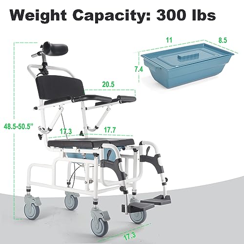 4-in-1 Bedside Commode Chair, Tilt 30°Shower Commode Wheelchair, Shampoo Chair with Headrest and Bucket, Adjustable Transport Rolling Chair for Elderly, Disabled, Adults