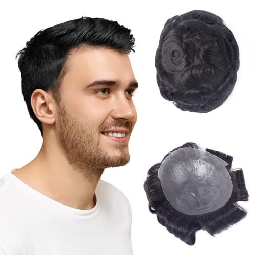 Mens Human Hair Toupee System 8 X 10 inch 100% human hair 120% density Toupee For Men Hair Piece Real Human Hair Replacement System (#1B Natural Black 0.04mm Thin Skin With V Loop Front)