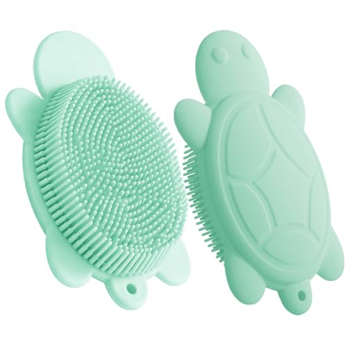 Mint turtle-shaped JSYUTYUZ silicone kids body scrubber with soft bristles — proves the novelty shape and compact size
