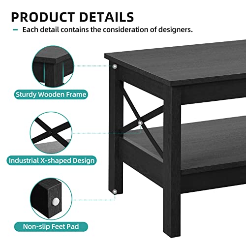 Yitahome Black Coffee Table With Storage Shelf,Modern Farmhouse X-Shaped Coffee Tables For Living Room, Small 2-Tier Thicker Wood Accent Cocktail Center Ends Coffee Table With Sturdy Frame #TOP1