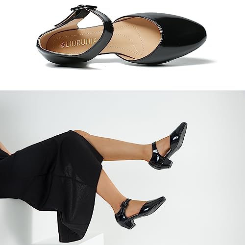 LIURUIJIA Women's Low Block Chunky Heels Closed Toe Ankle Strap Work Wedding Dress Pumps Shoes Black PU 40 US 84
