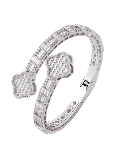 Iced Out 5A Cubic Zirconia Four Leaf Lucky Bangle Bracelet For Men Women, Gold Plated Baguette Diamond Bracelets, Dainty Four Leaf Bangle Bracelet with Spring Clasp