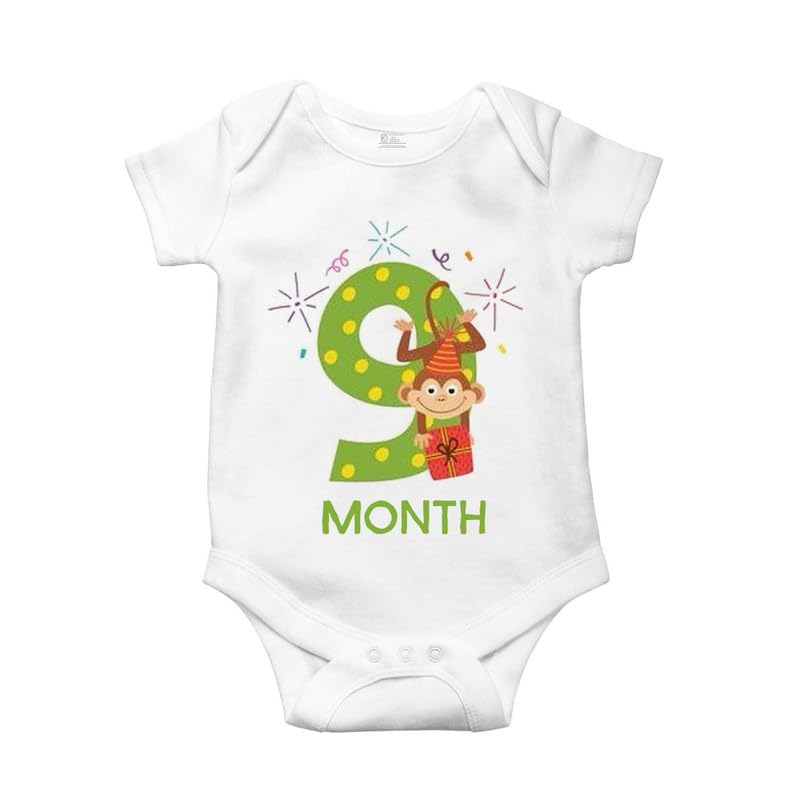 Image of Monthly Birthday Romper for Newborn Baby | Unisex Half Sleeve Bodysuit with Envelope Neck | Soft Cotton Outfit with 1 to 12 Month Print | Comfortable Infant Wear for Boys & Girls