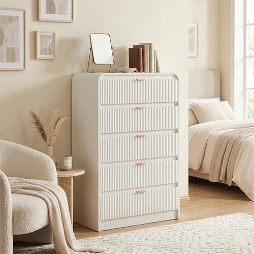 Image of FURSUN Fluted 5 Drawers Dresser for Bedroom, 48 inch Tall Wooden Modern Dresser with Metal Handle, Curved Profile Design, Storage Organizer for Bedroom, Living Room, Hallway, White